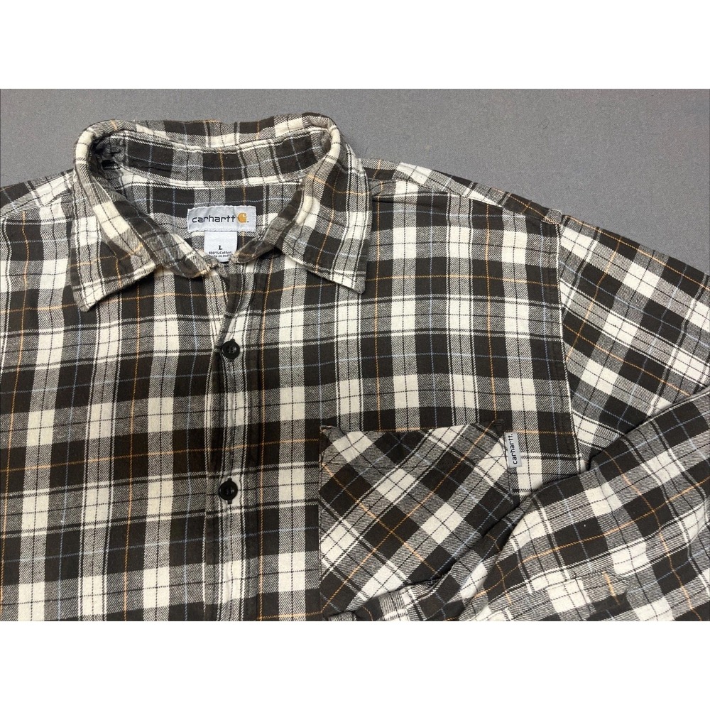 Carhartt Men's Plaid Flannel Long Sleeve Button Up Shirt Size Large Brown White